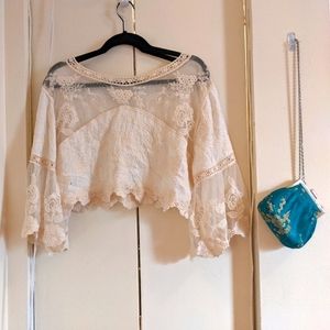 Vintage White Lace Mesh Cropped Blouse, s/m